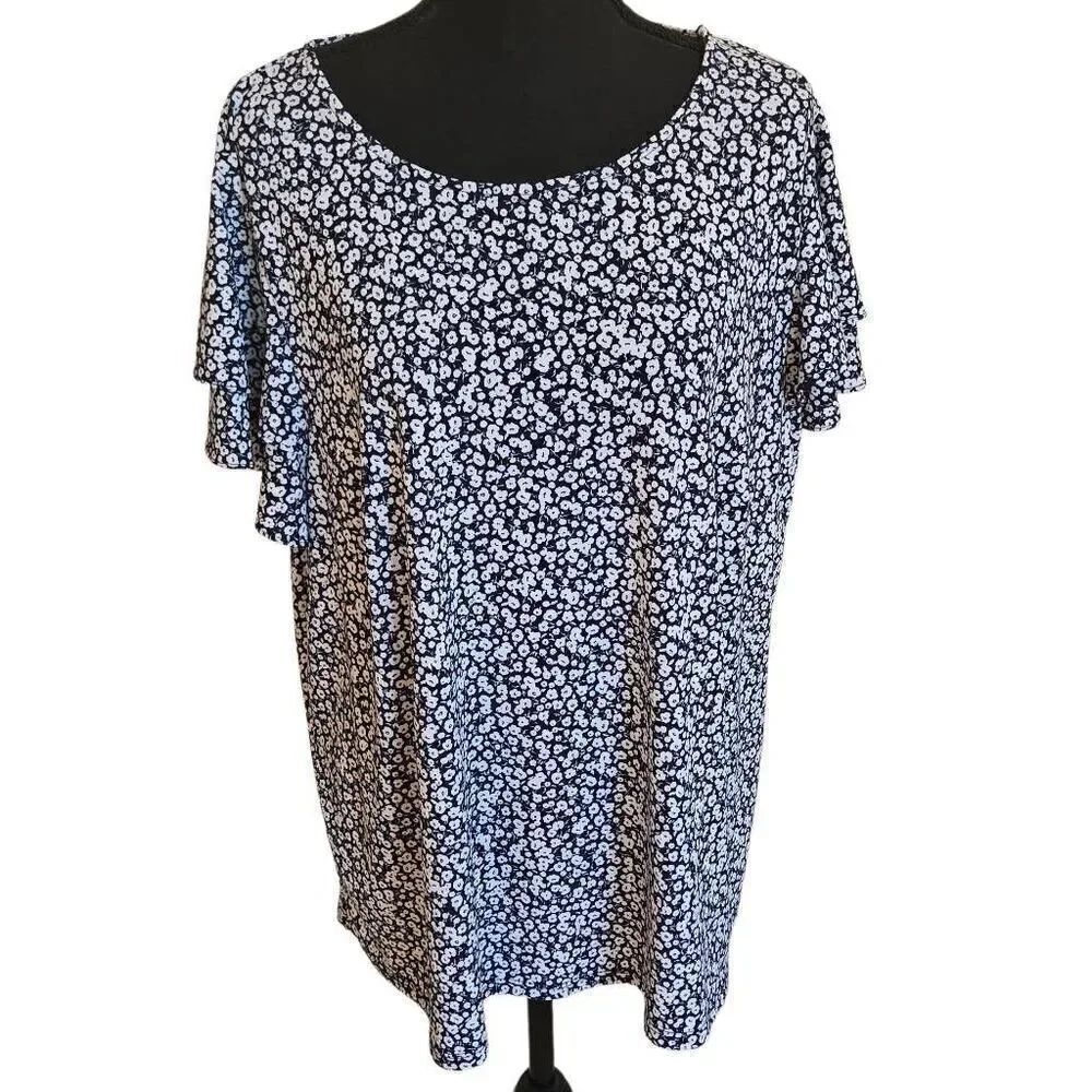 Adrianna Papell Womens Floral Short Flutter Sleeve Top Navy Blue White Size 2X